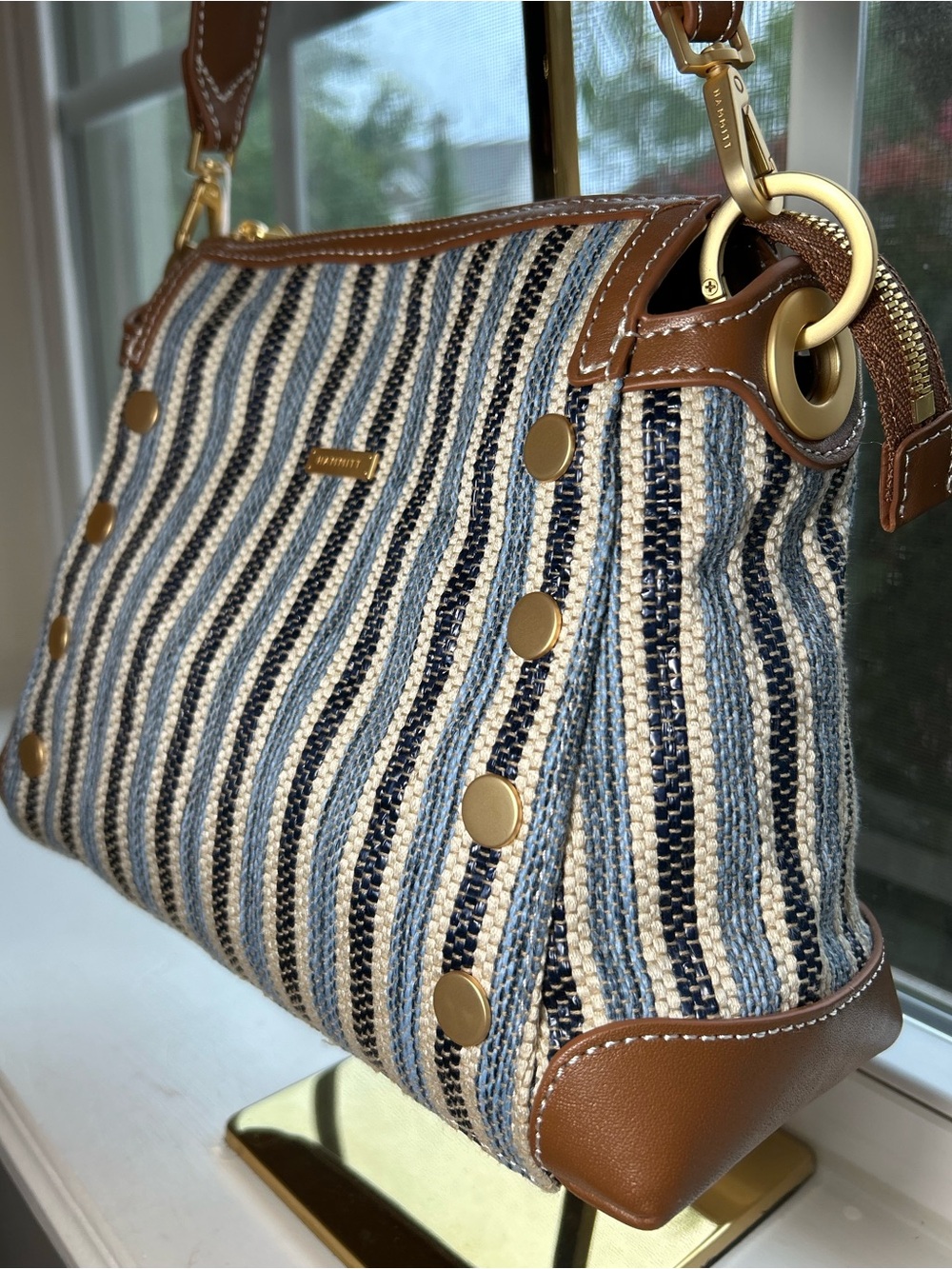 NWT🌷Hammitt Bryant Medium Jute Studded Shoulder Bag in Cabana Blue/Brushed Gold - Picture 3 of 12